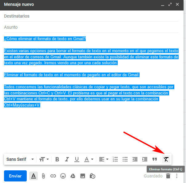 eliminar formato texto gmail