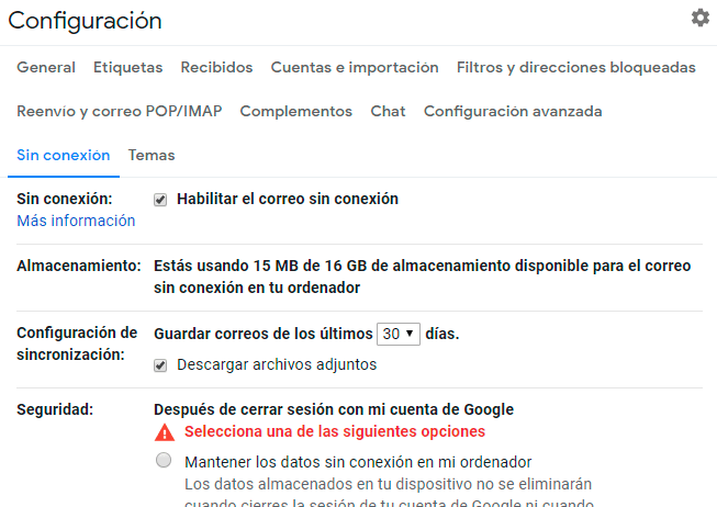 Habilitar correo sin conexion Gmail