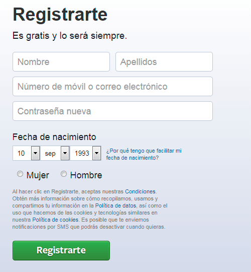 Registrar una cuenta personal en Facebook