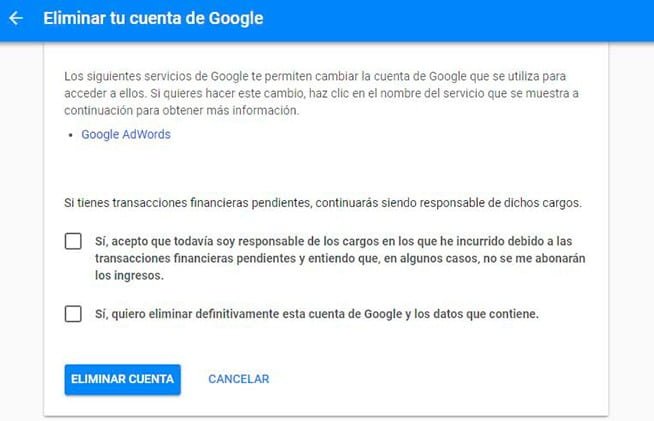 eliminar cuenta google