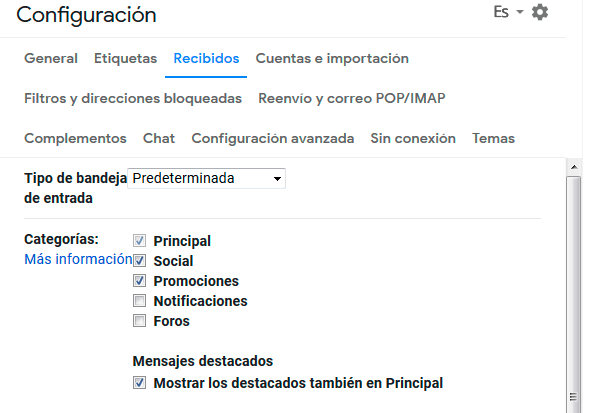 configuracion categorias gmail