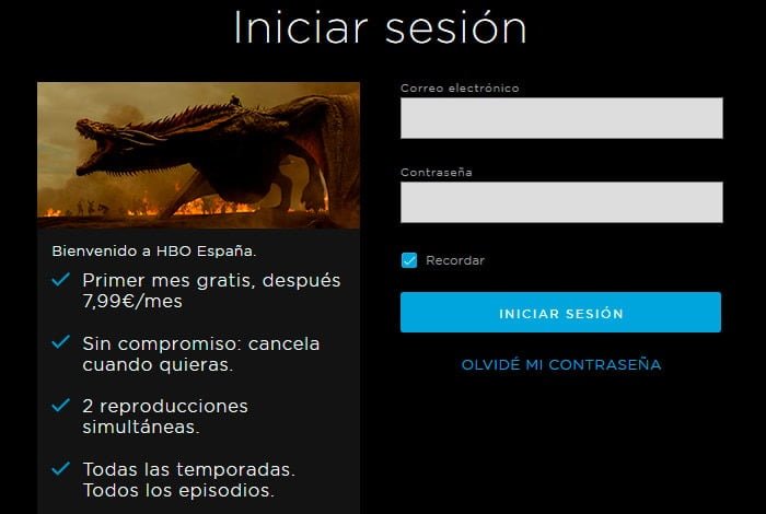 iniciar sesión HBO formulario