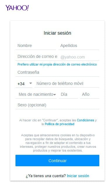 yahoo formulario de registro